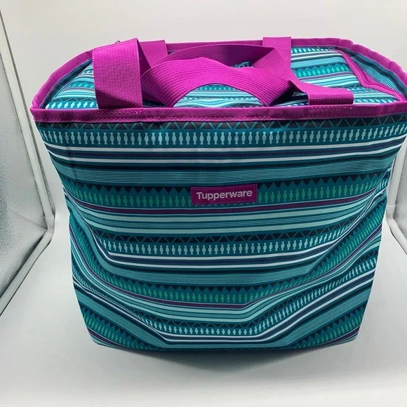 Tupperware Teal and Pink Striped Picnic Suitcase Women's Bag - Picture 7 of 7